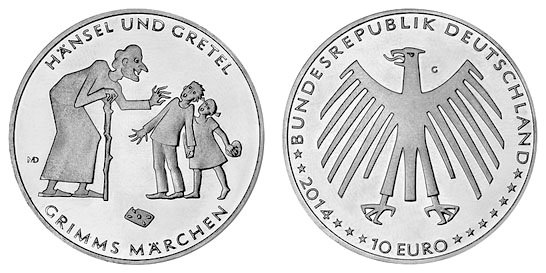 Германия, 10 евро 2014 D (UNC, никель) Сказки братьев Гримм, Гензель и Гретель