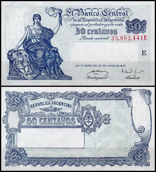 Аргентина 50 сентаво 1948-1950 (UNC Pick 256)