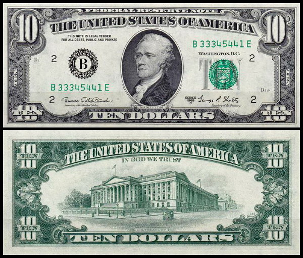 США 10 долларов 1969C (UNC Pick 451d) Federal Reserve Note