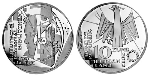 Германия, 10 евро 2012 D (PROOF) 100 лет Немецкой национальной библиотеке