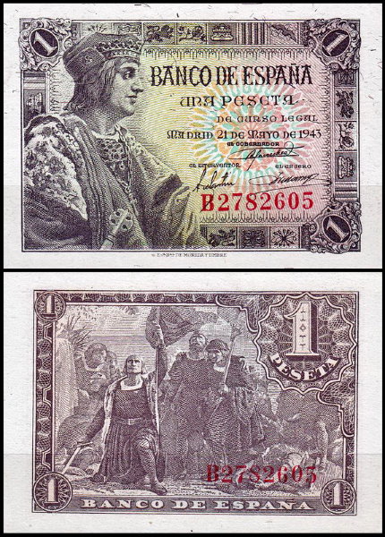 Испания 1 песета 1943 (UNC Pick 126)