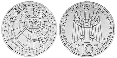 Германия, 10 марок 1999 год, 50 лет организации по поддержке детей-сирот