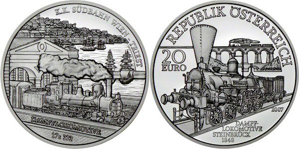 Австрия, 20 евро 2007 год, Железная дорога Вена-Триест, ПРУФ