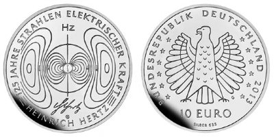 Германия, 10 евро 2013 G (PROOF, серебро) 125-летие открытия Генрихом Герцем электромагнитных волн