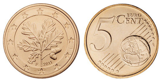 Германия, 5 центов 2015-F (UNC, медь)