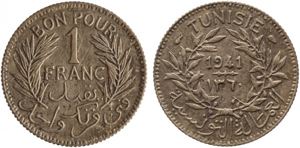 Тунис, 1 франк 1941 год, XF
