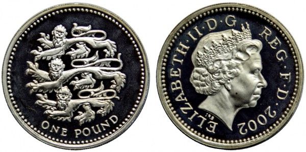 Англия, 1 фунт 2002 год, ПРУФ