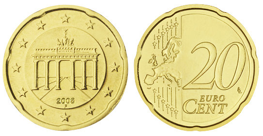 Германия, 20 центов 2015-F (UNC, латунь)