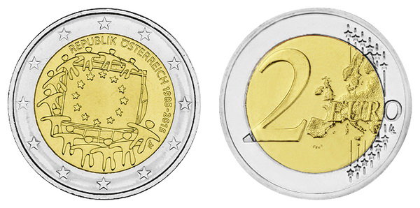 Австрия, 2 евро 2015 год, 30 лет флагу ЕС