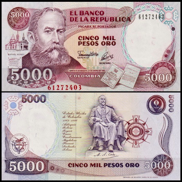 Колумбия 5000 песо 1992-1993 (UNC Pick 436A) Printer IBSFB