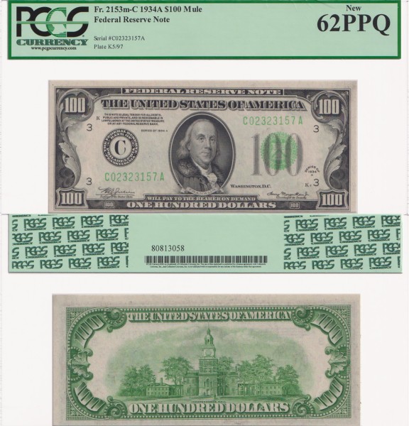 США 100 долларов 1934a (UNC Pick 433Da) Federal Reserve Note. PCGS62