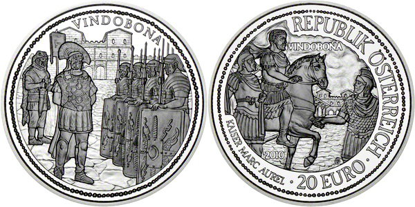 Австрия, 20 евро 2010 год, Военный лагерь Виндобона, ПРУФ