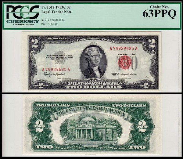 США 2 доллара 1953C (UNC Pick 380c) United States Note. PCGS63