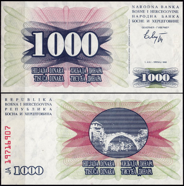 Босния и Герцеговина 1000 динар 1992 (UNC Pick 15)