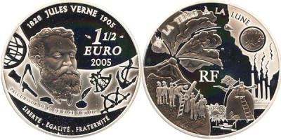 Франция, 1 1/2 евро 2005 год - Жюль Верн, с земли на луну