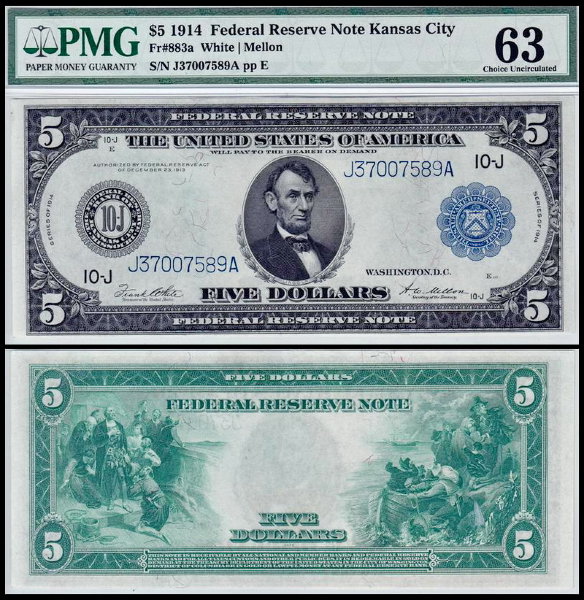 США 5 долларов 1914 (UNC Pick 359) Federal Reserve Notes. PMG63