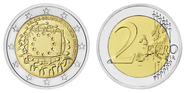Бельгия, 2 евро 2015 год, 30 лет флагу ЕС