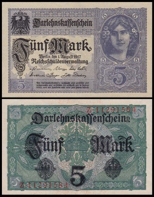 Германия 5 марок 1917 UNC P.56b Светло-фиолетовая