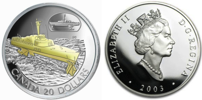 Канада 20 долларов 2003 год судно на подводных крыльях HMCS Bras d'or ПРУФ
