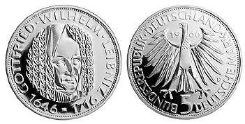 Германия, 5 марок 1966 год, Готфрид Вильгельм Лейбниц, ПРУФ