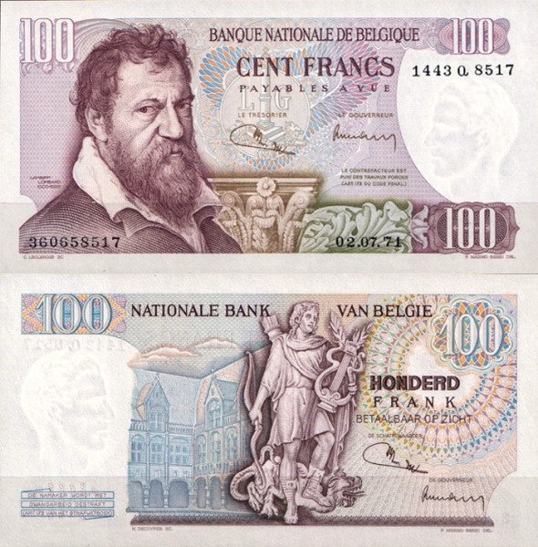 Бельгия 100 франков 1971 (UNC Pick 134A)