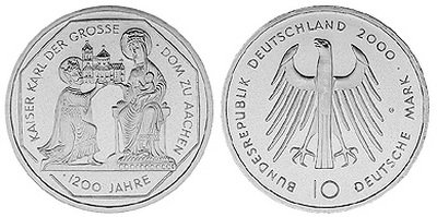 Германия, 10 марок 2000 год, Кафедральный собор Аахена