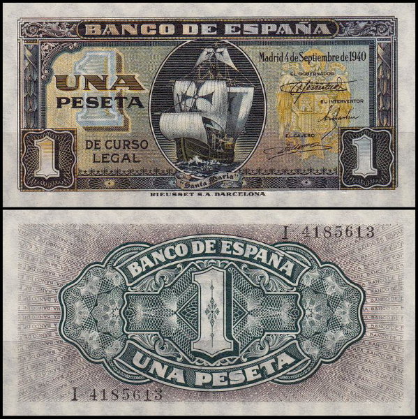 Испания 1 песета 1940 (UNC Pick 122)