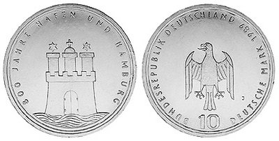 Германия, 10 марок 1989 год, 800 лет Гамбургу