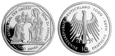 Германия, 10 марок 2000 год, Кафедральный собор Аахена, ПРУФ