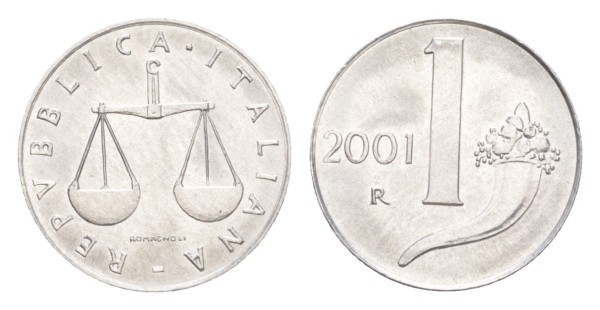 Италия, 1 лира 2001 год