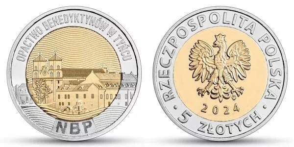 Польша 5 злотых 2024 год Бенедиктинское аббатство в Тынце