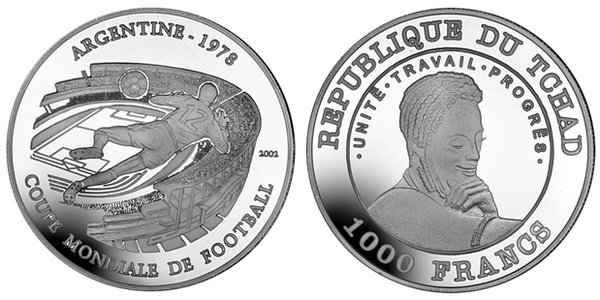 Чад, 1000 франков 2002 год, ПРУФ, серебро, Чемпионат мира по футболу в Аргентине