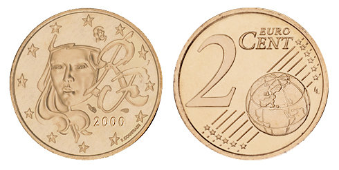 Франция, 2 цента 2000 (UNC, медь)