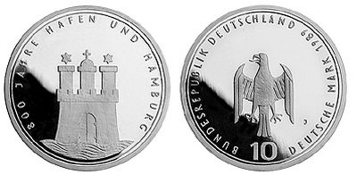Германия, 10 марок 1989 год, 800 лет Гамбургу, ПРУФ