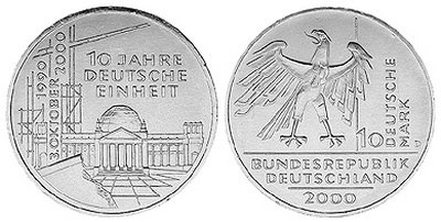 Германия, 10 марок 2000 год, 10 лет объединения Германии