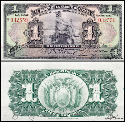 Боливия 1 боливиано 1911 (UNC Pick 102b) Серия красным цветом