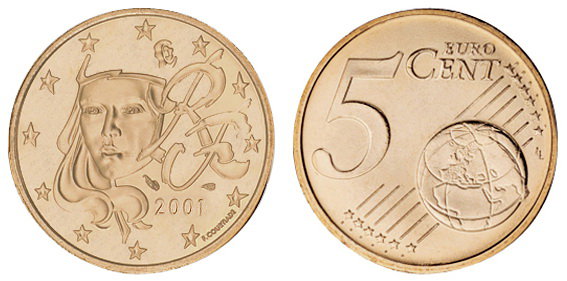 Франция, 5 центов 2001 (UNC, медь)