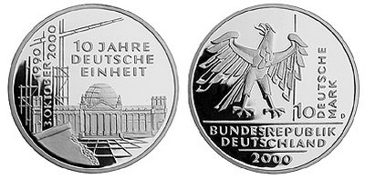 Германия, 10 марок 2000 год, 10 лет объединения Германии, ПРУФ