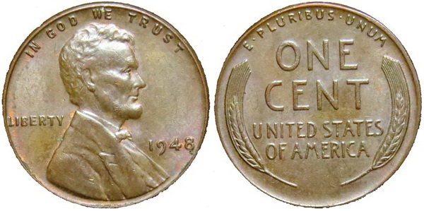 США, 1 цент 1948 год, XF №26