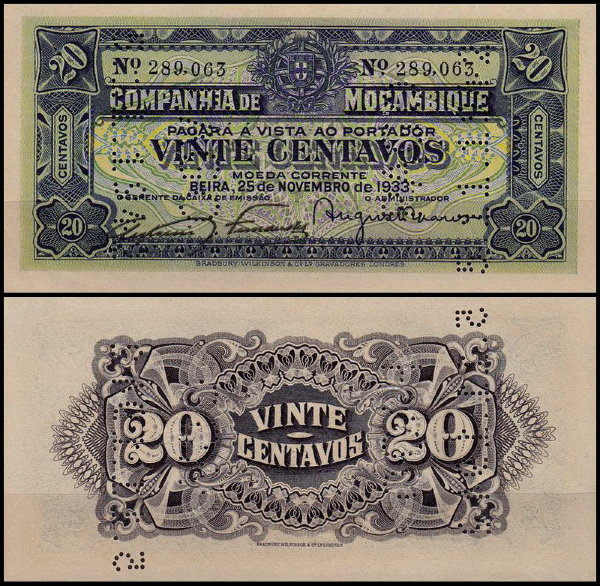 Мозамбик 20 сентаво 1933 (UNC Pick 29R)