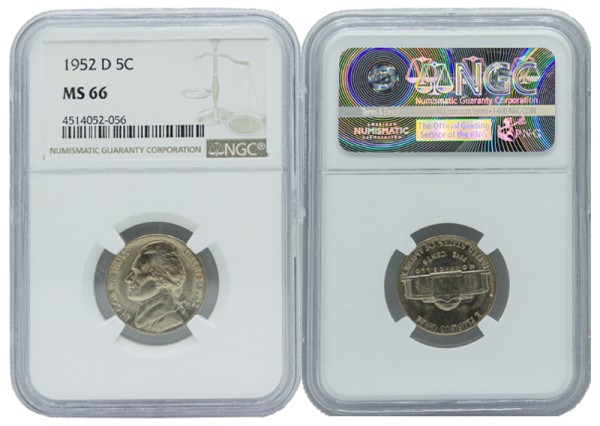 США, 5 центов 1952 D год - MS66