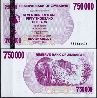 Зимбабве 750 000 долларов 2007 (UNC Pick 52)