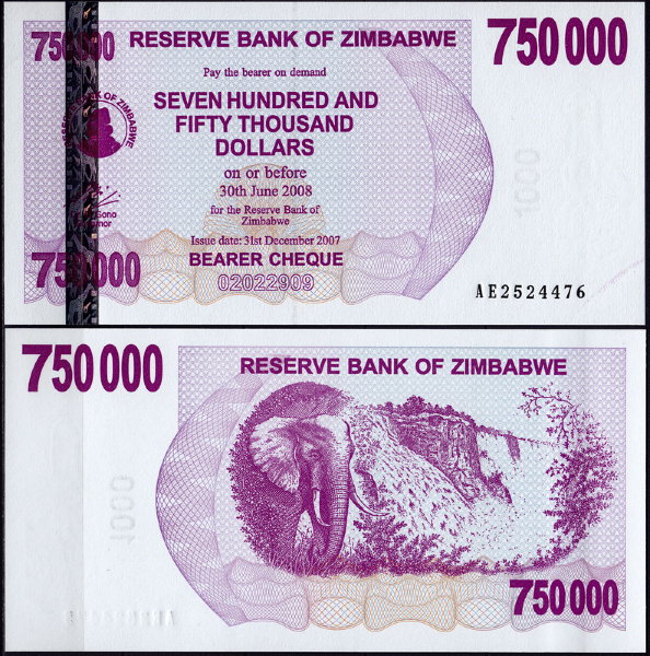Зимбабве 750 000 долларов 2007 (UNC Pick 52)