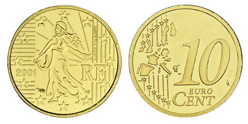 Франция, 10 центов 2001 (UNC, латунь)