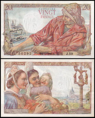 Франция 20 франков 1942 (AUNC Pick 100a)