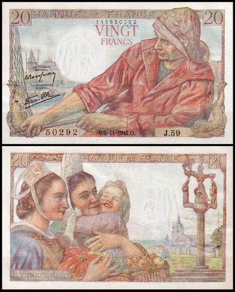 Франция 20 франков 1942 (AUNC Pick 100a)