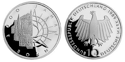 Германия, 10 марок 1989 год, 2000 лет Бонну, ПРУФ