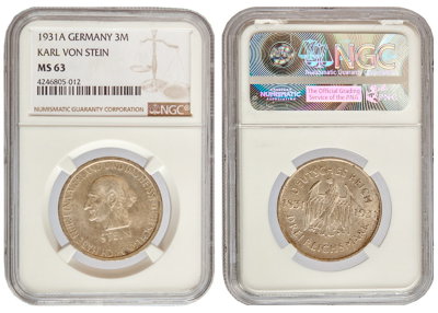 Германия, 3 марки 1931A год, NGC MS63