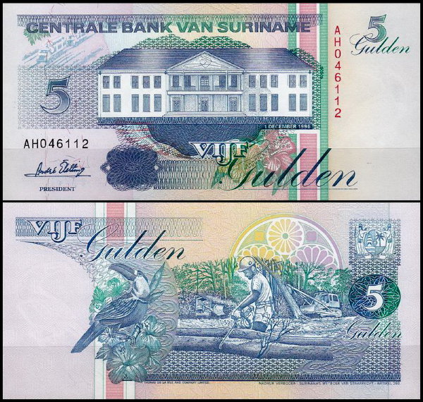 Суринам 5 гульденов 1991-1998 (UNC Pick 136)
