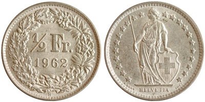 Швейцария, 1/2 франка 1962 год, UNC